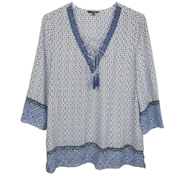 NYDJ Womens Beaded V-Neck Tassel Blouse 3/4 Sleeve Geometric Pattern Blue Small - Picture 1 of 13